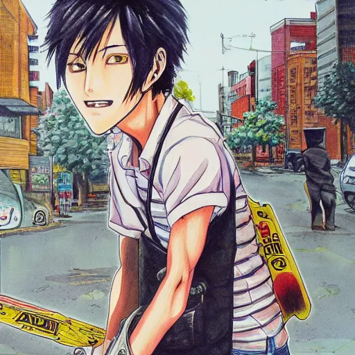 Prompt: a beautiful painting of chainsaw man posing on city street by tatsuki fujimoto, detailed line art, chainsaw man manga