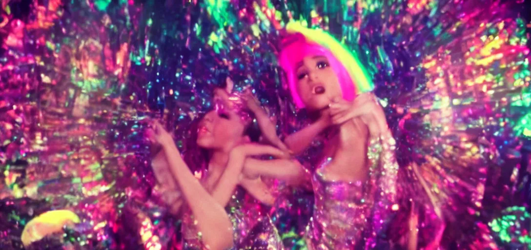 Image similar to cinematic movie still of ariana grande as a 1 9 7 0 s disco queen, 8 k hdr, action shot, movie still, hazy vibes, acid trip, fear and loathing