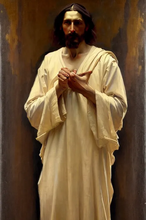 Image similar to leyendecker and solomon joseph solomon and richard schmid and jeremy lipking victorian loose genre loose painting full length portrait painting of jesus