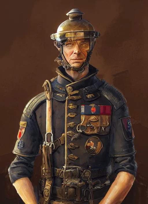 Image similar to a portrait of sam vimes wearing his city watch uniform with helmet, beautiful painting with highly detailed face by greg rutkowski and magali villanueve