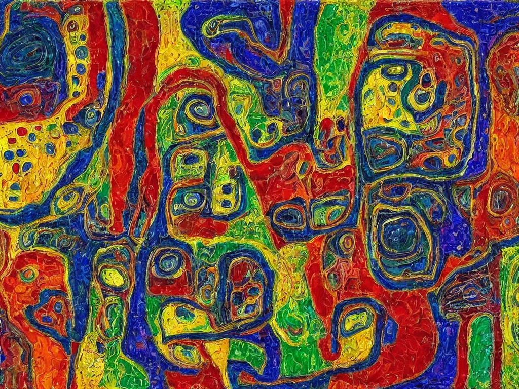 Prompt: an impasto oil painting of the brain by hundertwasser