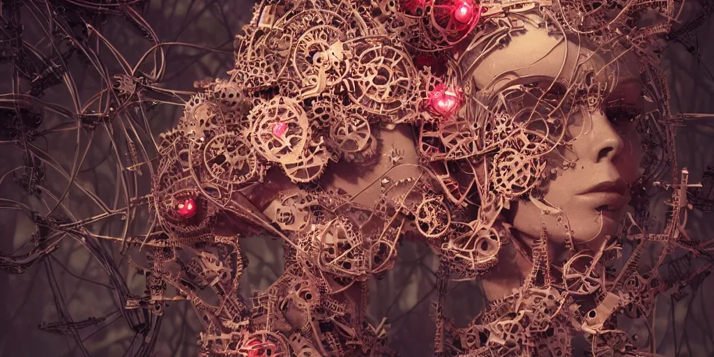 Image similar to a female saints rose robot head made of gears and wires is flying in the fantasy forest by merriam, daniel, intricate mechanical details, futuristic, 2 k aesthetic, dramatic lighting, concept art, 4 k, 3 d octane render, pink and red colors, provenance, detailed, trending on artstation