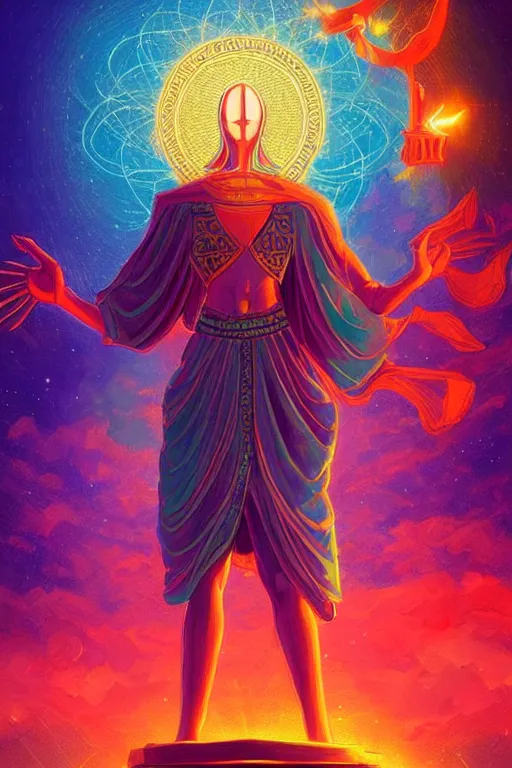 Prompt: hierophant tarot card art, the hierophant stands a bridge between heaven and earth holding knowledge and tradition in her hands, 8 k resolution digital painting, vibrant colors, by alena aenami, by michael whelan, behance hd, trending on artstation deviantart