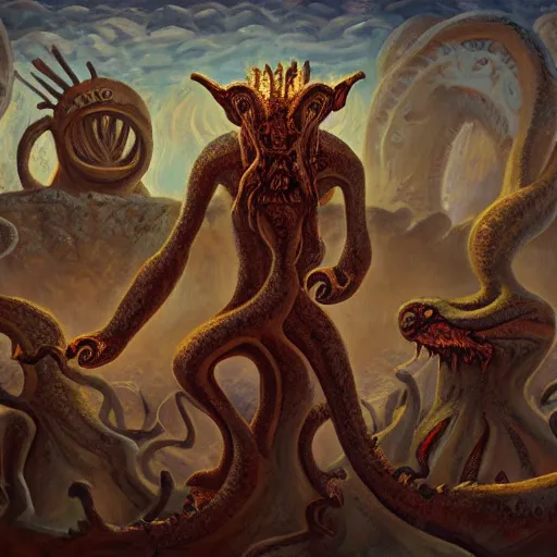 Image similar to a village built on the god of nyarlathotep, toad - like creatures that seemed to change their shape and appearance constantly, and from which emanated, in some way that i am unable to distinguish, a horrible hooting, a kind of flute. oil painting, digital art, ultradetailed, artstation