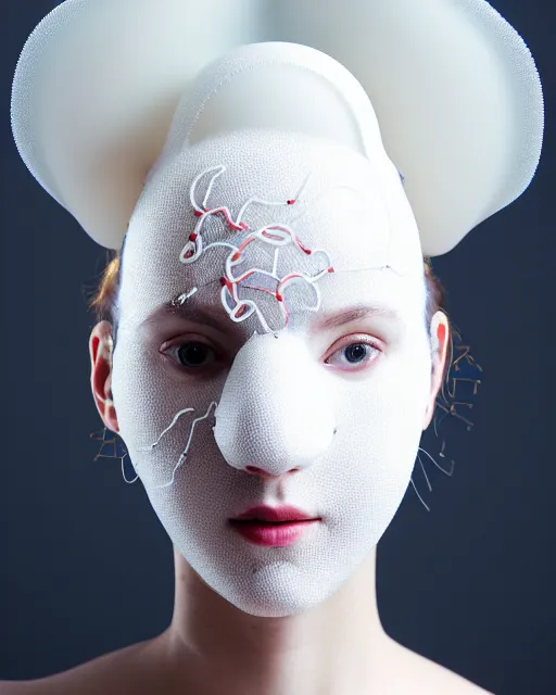 Image similar to portrait of a woman wearing a white embroidered translucent silicone mask and white red frizzy hair buns, wearing a silicone white bodysuit, white background, soft diffused light, biotechnology, kinetic sculpture, humanoide robot, translucent, intricate details, highly detailed, highly complex masterpiece