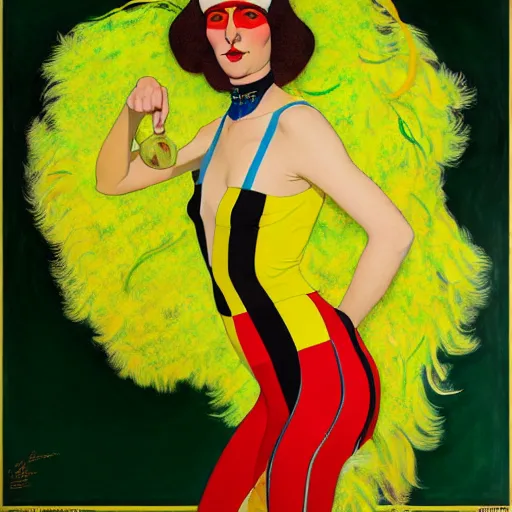 Image similar to art by joshua middleton, a medium shot portrait of the golden creeper, a tall manically smiling yellow - skinned woman with green and black striped cycling shorts and wearing a long red and black striped ostrich feather boa, yellow makeup, mucha, kandinsky, poster, art deco motifs, comic art, stylised design, scarlet feather boa