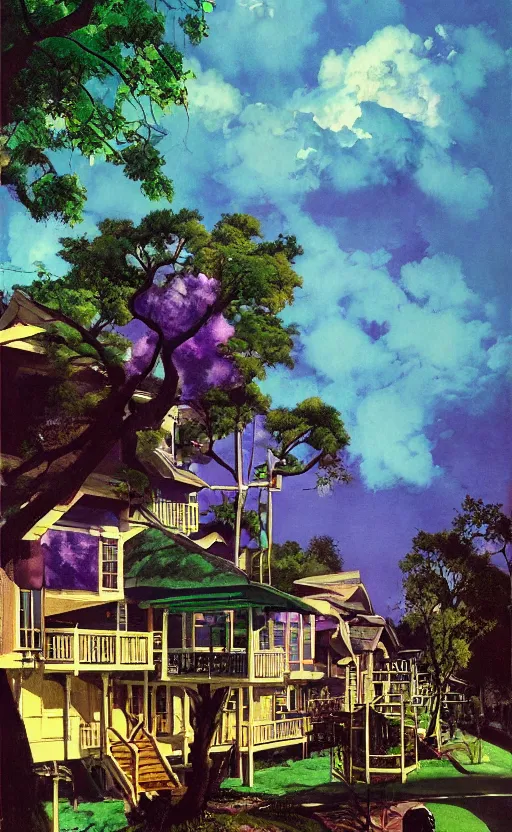 Image similar to a suburban treehouse neighborhood with deep green and purple glowing clouds. highly detailed science fiction painting by norman rockwell, frank frazetta, and syd mead. rich colors, high contrast, gloomy atmosphere, dark background. trending on artstation.