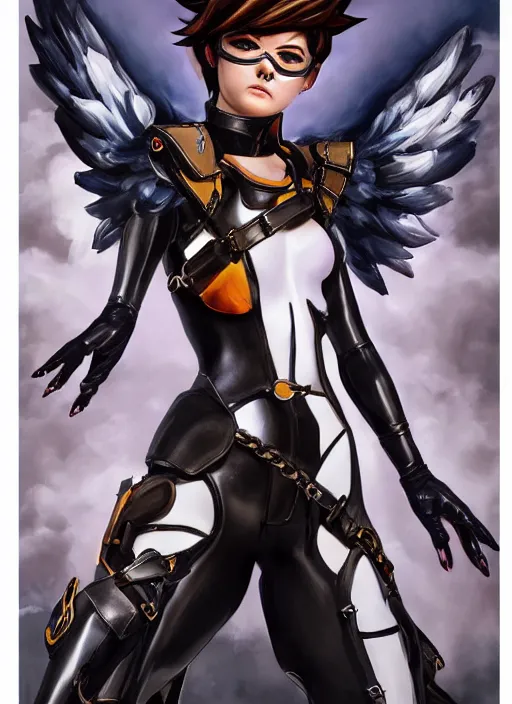 Image similar to full body oil painting of tracer overwatch in style of biblical art, angel wings, dramatic painting, symmetrical composition, wearing detailed leather collar, black shiny armor, chains, black harness, detailed face and eyes,