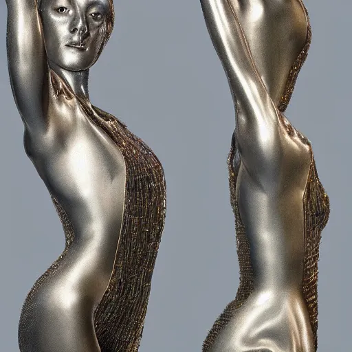 Prompt: dance costumes in the style of Iris Van harpen ,hyperrealistic,organic, futuristic,metallic,ultra detailed