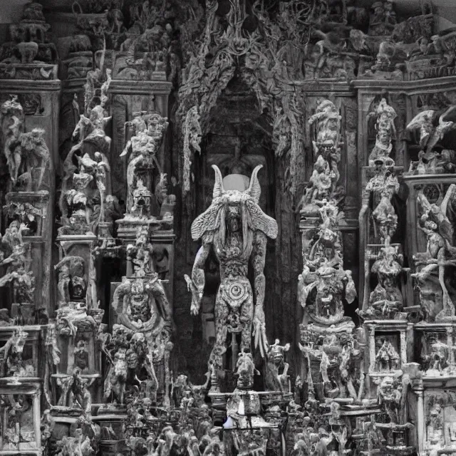 Prompt: temple made of flesh, baphomet statue at the center, angel statues, 8 0's horror movie film still, highly detailed, symmetry, award - winning photography, 1 2 0 mm