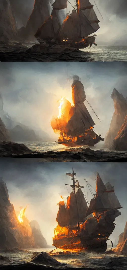 Prompt: matte painting of a pirate ship in a secret cave, sails and masts on fire, dramatic light, sunlight cones from an hole above, 8k, very detailed, concept art