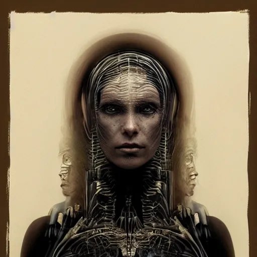 Image similar to surreal portrait of a woman by Greg Rutkowski and H.R Giger, symmetrical face, she is about 30 years old, she is about 30 years old, pretty, blond hair with two strans around her face, slavic features, melancholic gaze, pretty aquiline nose, transformed into a kind of biomechanical transhuman goddes, uncany but fascinating, sad but determined look, cosmic void background, frightening, fascinating, highly detailed portrait, digital painting, book cover, artstation, concept art, smooth, sharp foccus ilustration, Artstation HQ