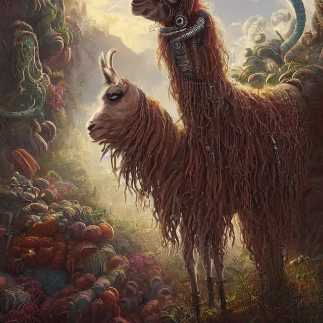 Prompt: llama with dreadlocks, industrial sci - fi, by mandy jurgens, ernst haeckel, james jean