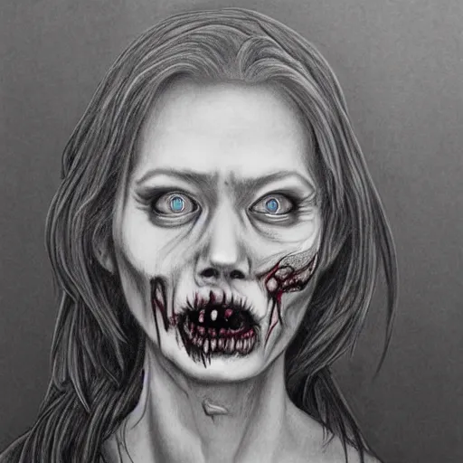 Prompt: Zombie nurse pencil sketch by Monica Lee, hyperrealism, detailed