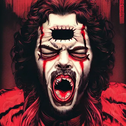 Image similar to portrait of crazy screaming post malone with red eyes like hal 9 0 0 0, as vampire, symmetrical, by yoichi hatakenaka, masamune shirow, josan gonzales and dan mumford, ayami kojima, takato yamamoto, barclay shaw, karol bak, yukito kishiro