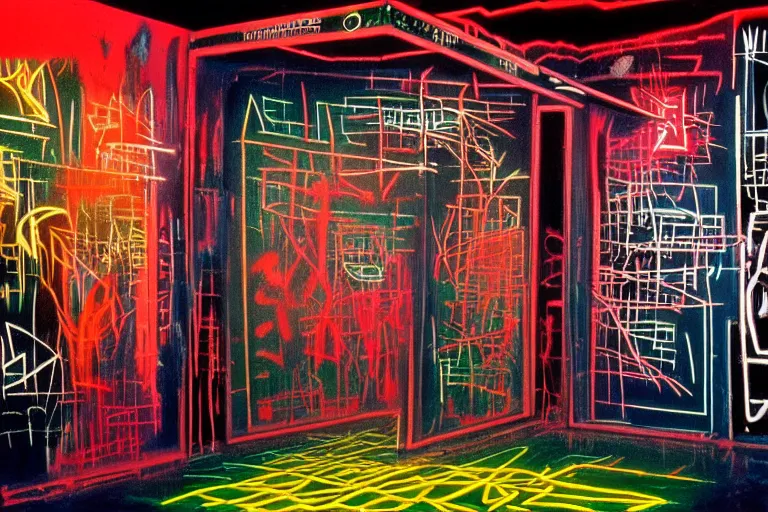 Image similar to the inside of a symmetrical hellish dungeon, mirrors and neon gas, matte painting, 4 k, epic composition, volumetric light, abstract illusionism, by william stout, jean - michel basquiat, pour paint, modern street art, grunge wall, industrial