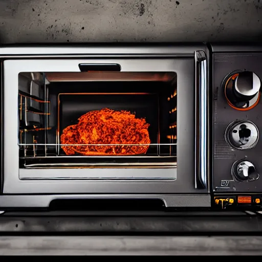 Image similar to toaster oven hanging by metallic cables, symmetry, dark messy smoke - filled cluttered workshop, dark, dramatic lighting, orange tint, sparks, cinematic, highly detailed, sci - fi, futuristic, movie still