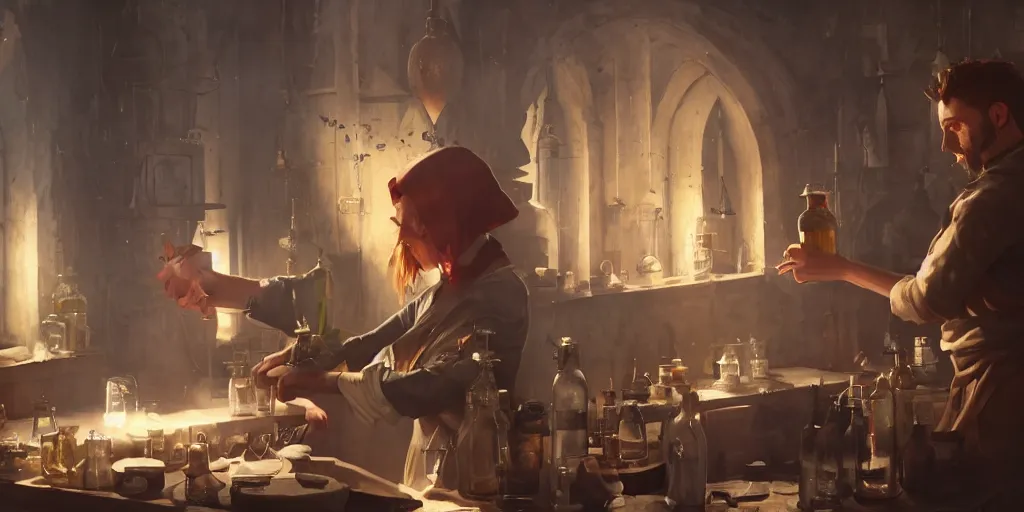 Prompt: An Alchemist inspecting his potions by Greg Rutkowski, 4k photorealistic, volumetric lighting, HD, high details, dramatic, trending on artstation