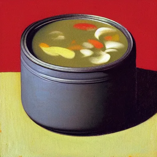 Image similar to ornamented by hsiao - ron cheng, by filippino lippi rococopunk. in this painting, the artist has used a photo - realist style to depict a can of soup. the can is placed on a plain background, & the artist has used bright, primary colors to create a striking image. the painting is both realistic & abstract