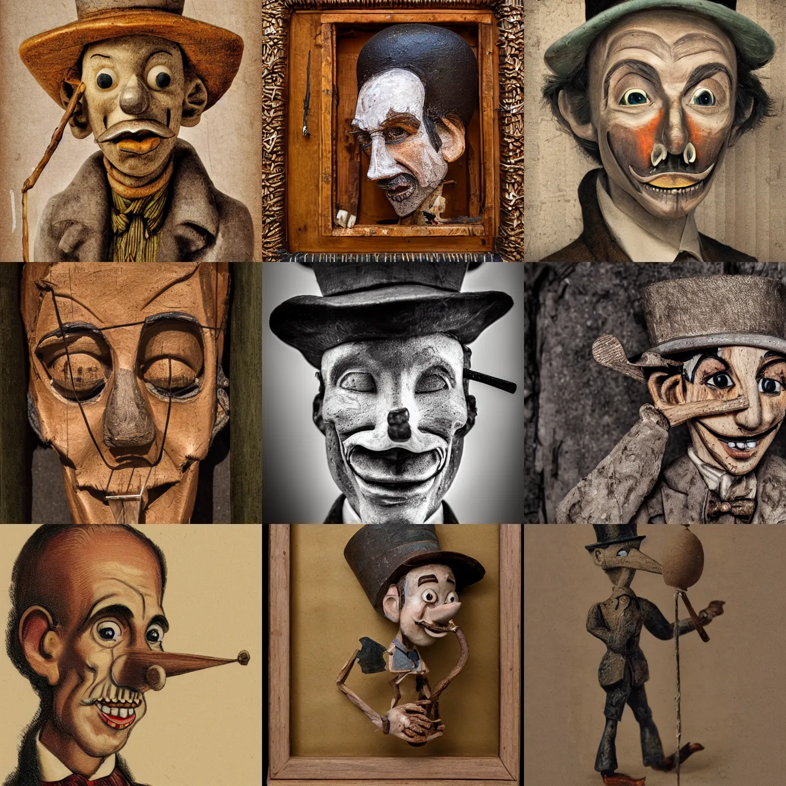 Prompt: portrait of the Pinocchio, rotten wood, sticks out of the nose, torn top hat, highly detailed, photography