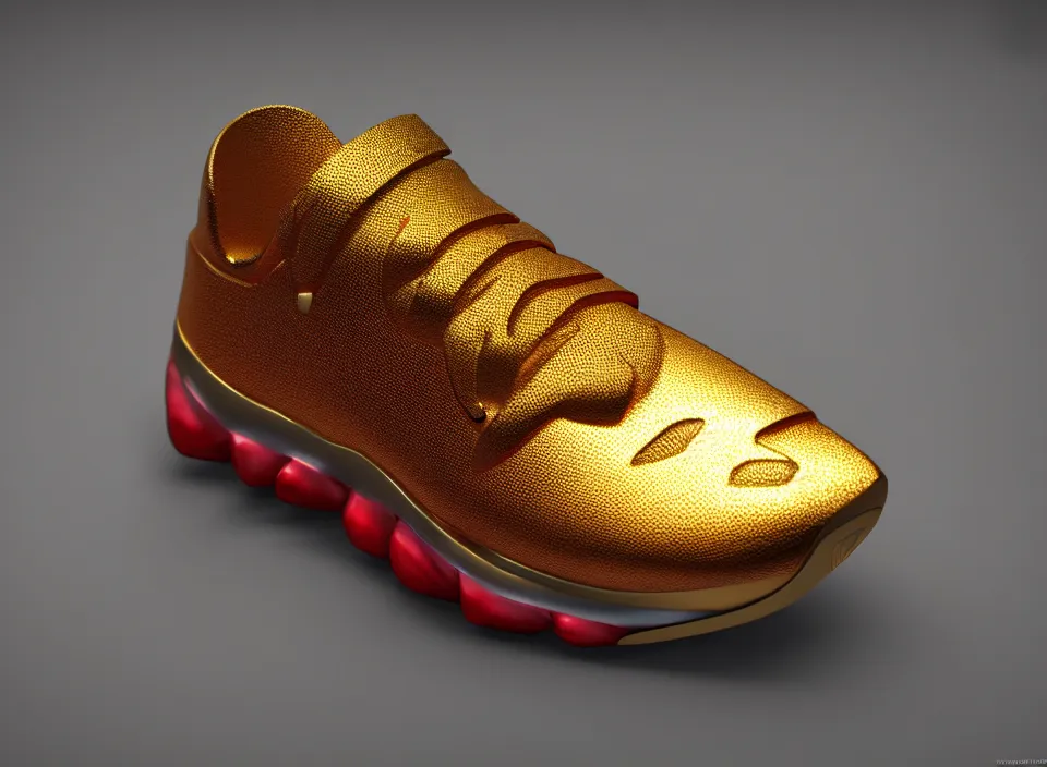 Image similar to realistic 3 d render of a cyberpunk android sneaker, beautiful studio lighting, soft, sharp focus, neon cyberpunk highlights, intricate detail, gold and red metal, soft rubber, textured plastic, octane render, side view, close up, trending on artstation, deviantart, nike, adidas, jakub rebelka