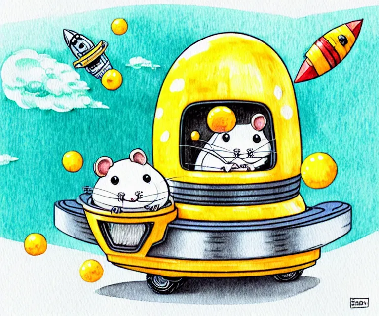 Image similar to cute and funny, hamster wearing a helmet riding in a tiny rocket ship, ratfink style by ed roth, centered award winning watercolor pen illustration, isometric illustration by chihiro iwasaki, edited by range murata, tiny details by artgerm and watercolor girl, symmetrically isometrically centered, focused