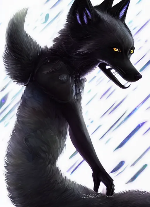 Prompt: award winning beautiful portrait commission art of a male furry anthro black fox fursona with a tail and a cute beautiful attractive detailed furry face wearing stylish cyberpunk clothes in a cyberpunk city at night while it rains. Character design by charlie bowater, ross tran, artgerm, and makoto shinkai, detailed, inked, western comic book art