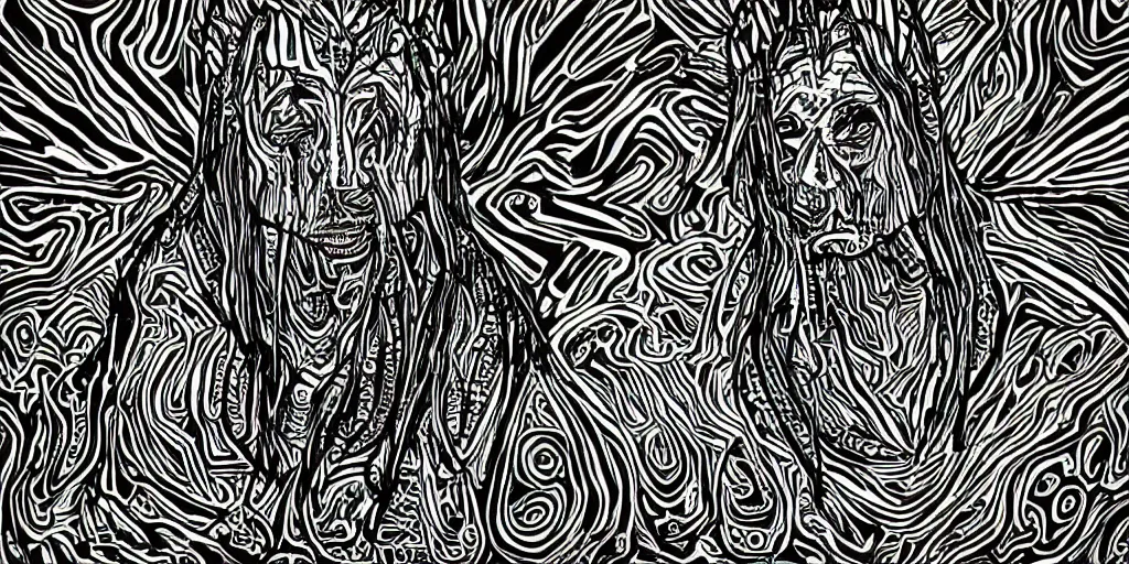 Prompt: bold black and white illustrated artwork thick lines psychedelic shaman