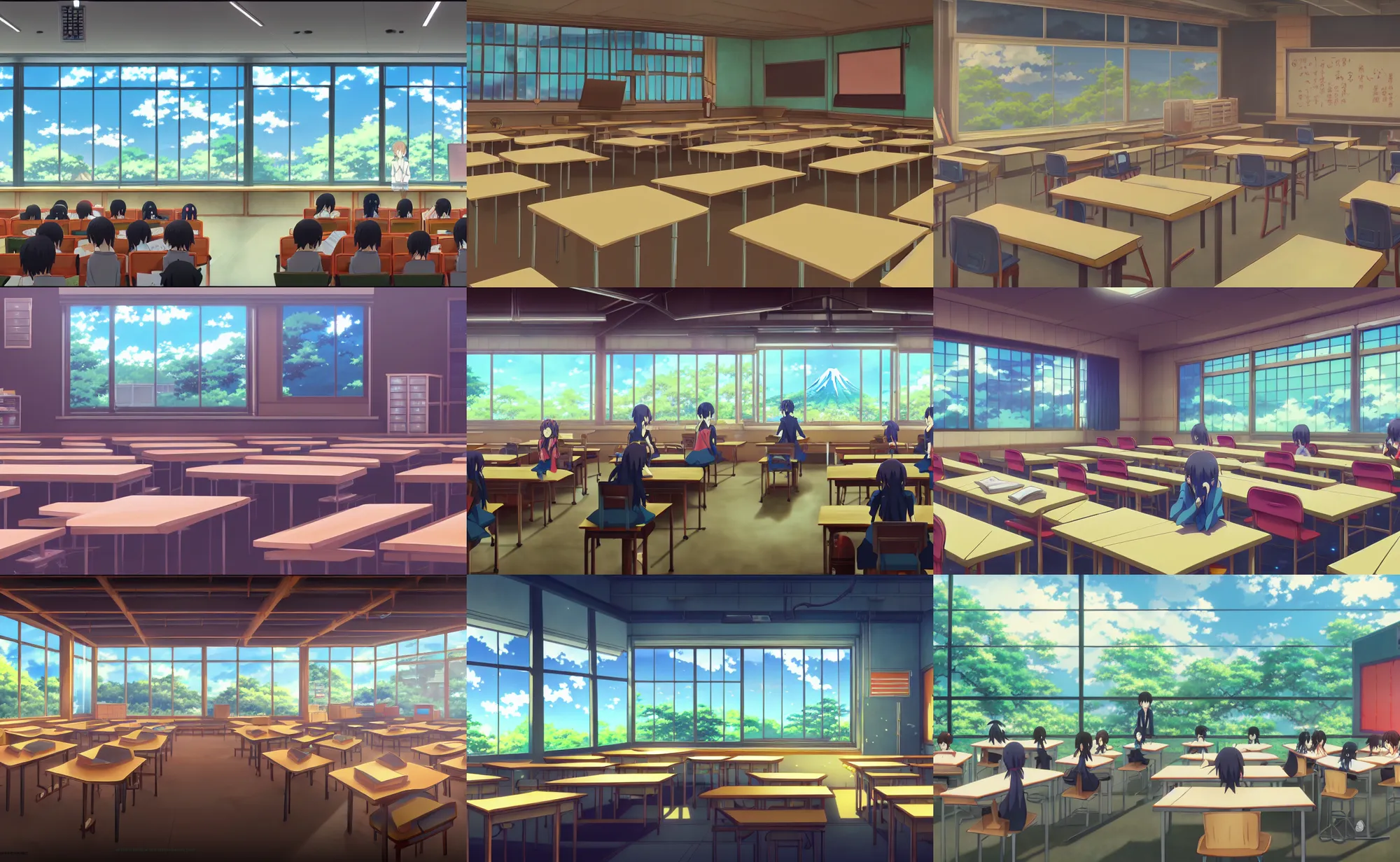 Prompt: An anime movie background matte painting of a classroom in a Japanese high school, visual novel background image, by Makoto Shinkai, trending on Artstation, highly detailed
