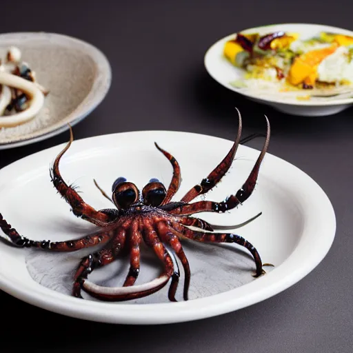 Image similar to Food photography michelin star bowl of live spiders and octopus