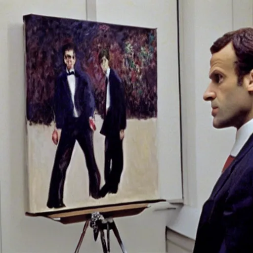 Prompt: Claude Monet painting Emmanuel Macron in American Psycho (1999)