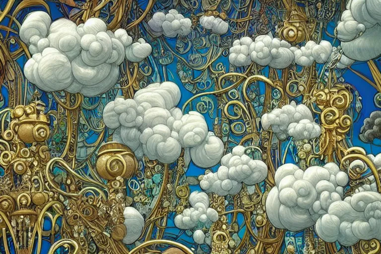 Image similar to simplicity, a huge flock of many ornate intricate puffy filigreed clouds tangled into large whirling ultra detailed crystal specimens, art nouveau jungle environment, playful, award winning art, epic dreamlike fantasy landscape, ultra realistic,