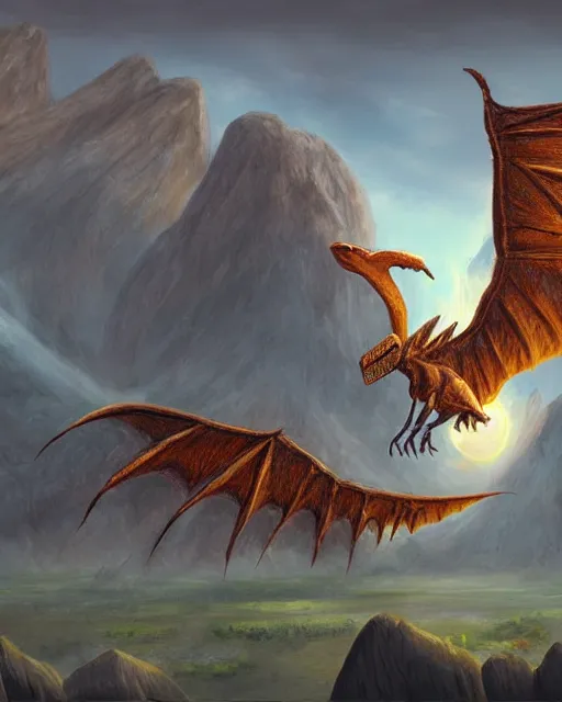 Prompt: ''winged dinosaur, fantasy, mountain landscape, d & d, digital painting, rule of thirds, artstation, deviantart, concept art, illustration, art by dragolisco and anne stokes and nico niemi''