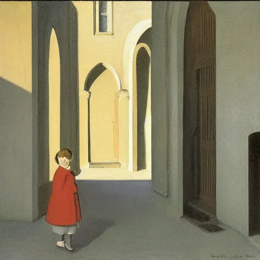 Prompt: a distant little girl with short black hair and wearing a yellow coat alone in the inner courtyard of an abbey, the light is bright and wintry, painting by hopper and de chirico