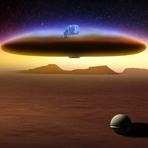 Prompt: gigantic alien mothership, super realistic, night, desert landscape