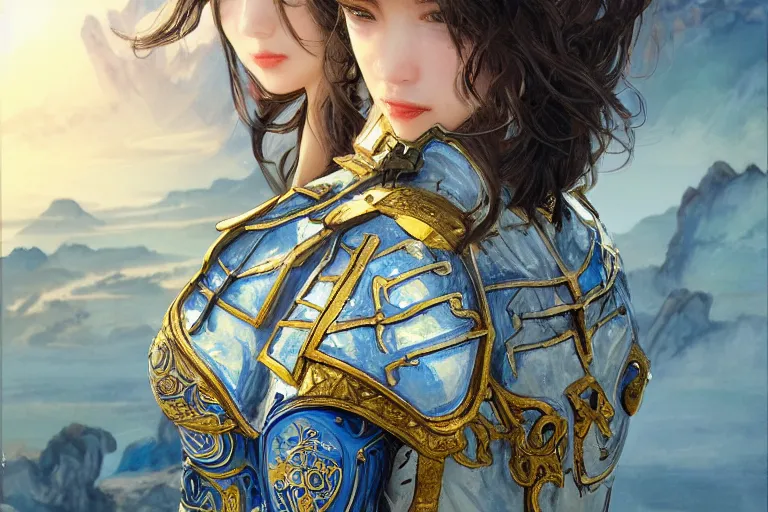 Image similar to portrait knights of Zodiac girl, Chinese Blue and white porcelain reflected armor, kung fu fighting in ruined Agora of Athens sunrise, ssci-fi, fantasy, intricate, very very beautiful, elegant, golden light, highly detailed, digital painting, artstation, concept art, smooth, sharp focus, illustration, art by tian zi and WLOP and alphonse mucha