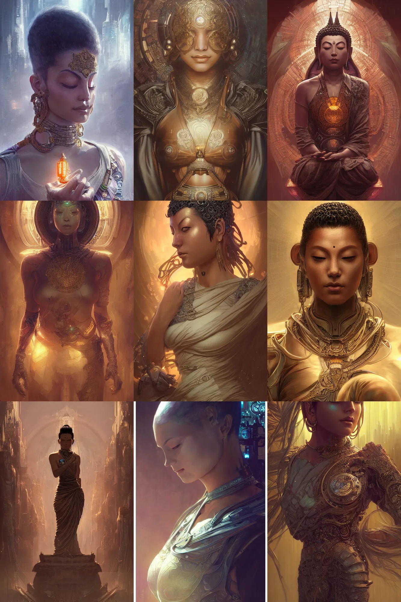 Prompt: Ultra realistic illustration, buddha cyberpunk, sci-fi, fantasy, intricate, elegant, highly detailed, digital painting, artstation, concept art, smooth, sharp focus, illustration, art by artgerm and greg rutkowski and alphonse mucha