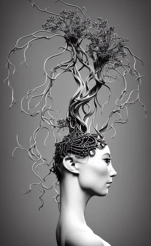 Image similar to black and white complex 3d render of 1 beautiful profile woman porcelain face, vegetal dragon cyborg, 150 mm, sinuous silver metallic ghost orchid flower stems, magnolia, roots, leaves, foliage, greenery, fine lace, maze-like, mandelbot fractal, anatomical, facial muscles, cable wires, microchip, elegant, highly detailed, black metalic carbon armour with silver details, rim light, octane render, H.R. Giger style, David Uzochukwu