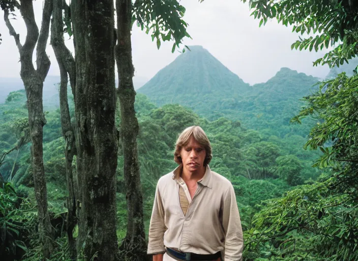 Image similar to luke skywalker at the new jedi temple, surrounded by jungle in the background. detailed portrait photo of faces. Photographed with Leica Summilux-M 24 mm lens, ISO 100, f/8, Portra 400