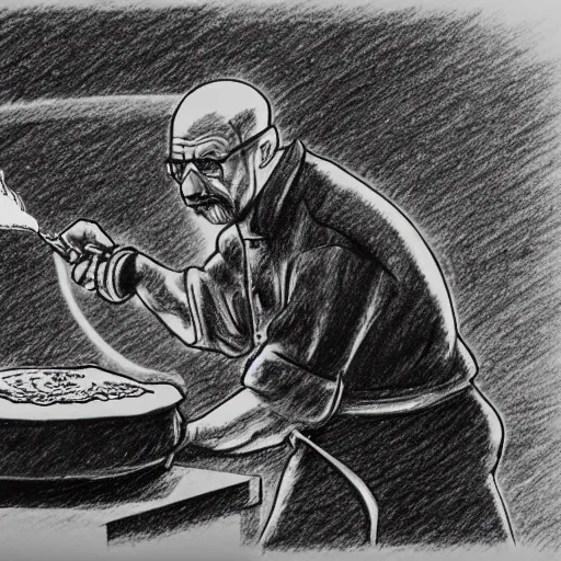 Image similar to black and white pencil sketch cartoon drawing of walter white cooking a pizza with a blowtorch