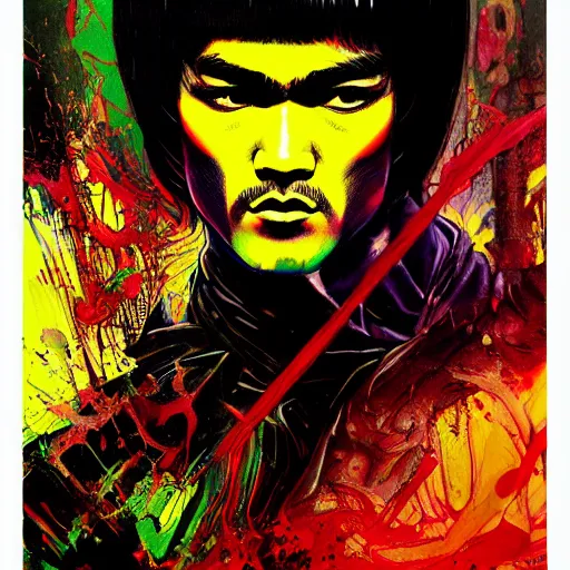 Image similar to a demon slayer portrait of bruce lee, tall, pale - skinned, and slender with lime green eyes and long eyelashes by stanley artgerm, tom bagshaw, arthur adams, carne griffiths, trending on deviant art, street art, face enhance, chillwave, maximalist, full of color, glittering