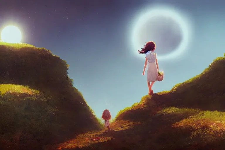 Prompt: giant white daisy flower head, girl walking on cliff, surreal photography, solar eclipse, milky way, dramatic light, impressionist painting, clouds, digital painting, artstation, simon stalenhag