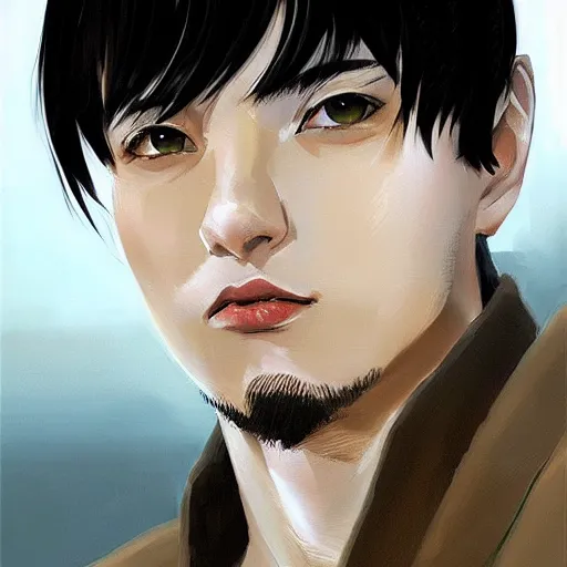 Image similar to Anime portrait of a man by Ilya Kuvshinov, he is about 30 years old, short black hair with bangs, his features are a mix between French, Turkish and Russian and he is wearing a beige and black utility jumpsuit, highly detailed portrait, digital painting, artstation, concept art, smooth, sharp foccus ilustration, Artstation HQ