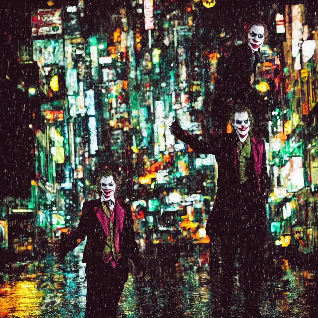 Image similar to night flash portrait photography of the joker on the lower east side by annie leibovitz, colorful!!, nighttime!, raining!