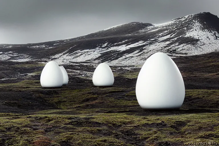 Image similar to several white future cyberpunk egg shaped buildings shine on a barren mossy mountain in iceland, and many wild animals, by hiroshi sugimoto and paul lehr and john schoenherr and john harris