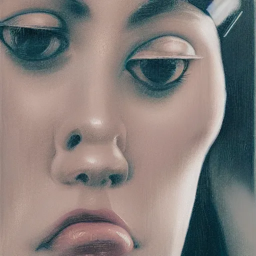 Prompt: detailed face of a woman, clockwork, moment, tectonic sky, skydome, bullet train, turbines, utopian, tech noir, wet reflections, prism, atmospheric, ambient, pj crook, syd mead, livia prima, artgerm, greg rutkowski, nick alm, casey baugh