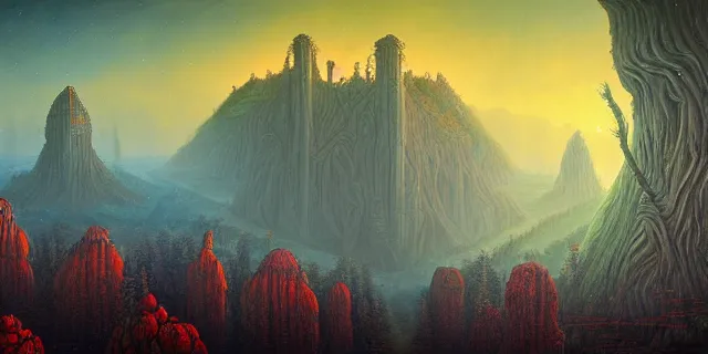 Image similar to painting of redwood forest and redstone labyrinth in the style of nebulapunk by dan seagrave and tomasz alen kopera with a futuristic castle by simon stahlenhag