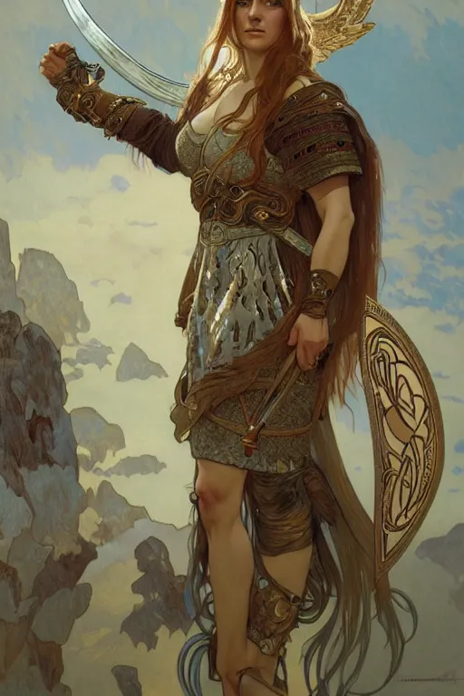 Image similar to Cristina Ricci as an Viking warrior angel, fantasy, intricate, elegant, highly detailed, digital painting, artstation, concept art, smooth, sharp focus, illustration, art by alphonse mucha