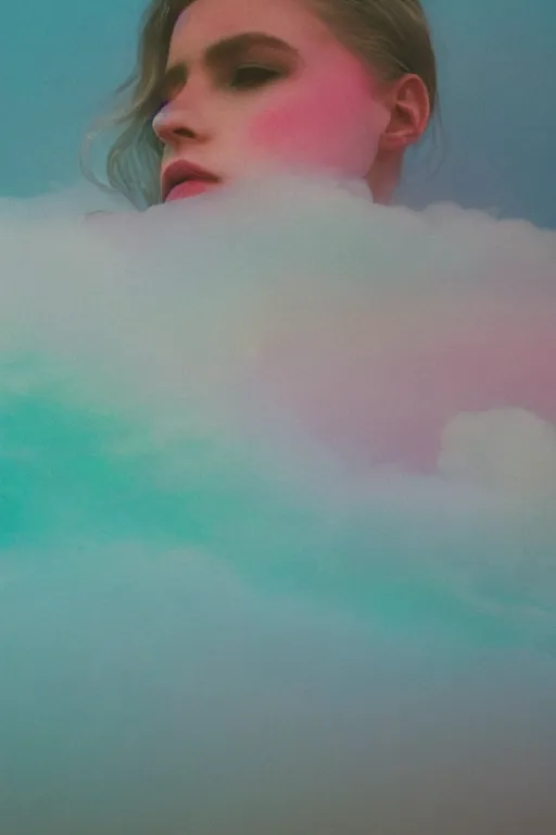 Image similar to high quality pastel coloured film close up wide angle photograph of a model wearing clothing swimming on cloud furniture in a icelandic black rock!! environment in a partially haze filled dreamstate world. three point light, rainbow. photographic production. art directed. pastel colours. volumetric clouds. pastel gradient overlay. waves glitch artefacts. extreme facial clarity. 8 k. filmic.