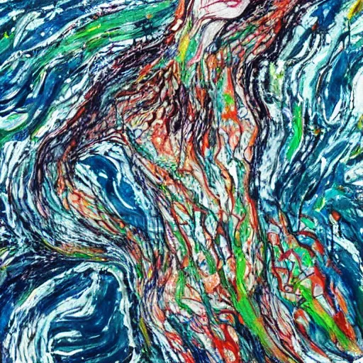 Image similar to the woman emerged from the ocean and danced by the river clothed in seaweed and tree bark , surrealistic abstract art in the style of jackson pollock and jack b yeats ,